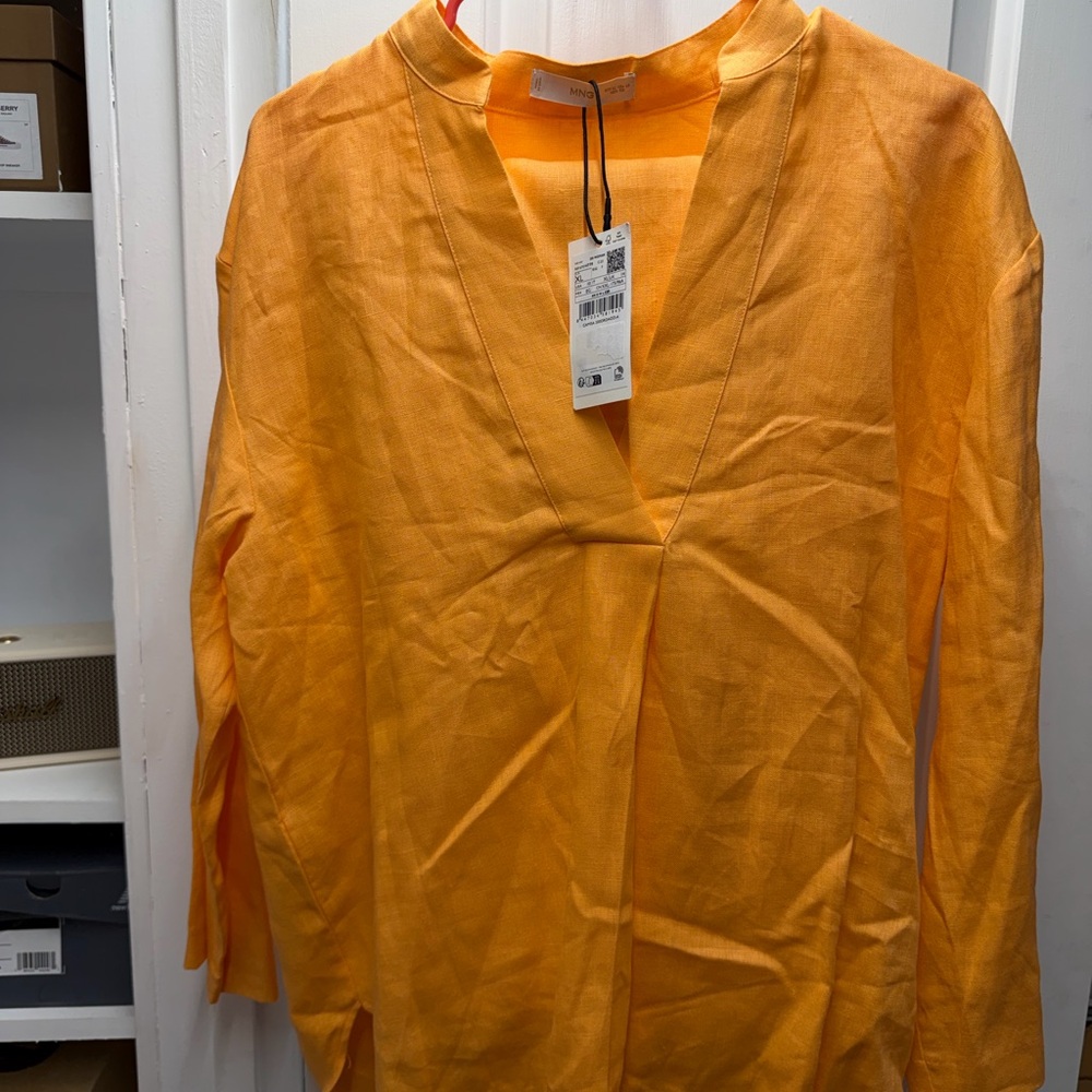 Mango Women’s Linen Long-Sleeve V-Neck Shirt & Pant in Bright Orange
